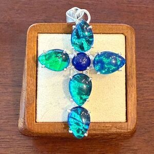 Stunning Opal Triplet Gemstone Cross Pendant Necklace Sterling Silver New